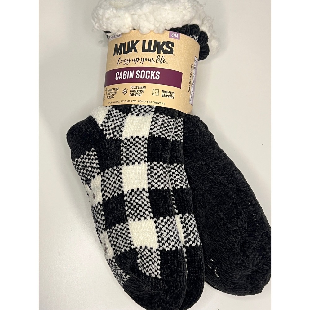 NWT Muk‎ Luks Women's Black White Plaid Cabin Socks Fluffy Slippers Grip Bottom